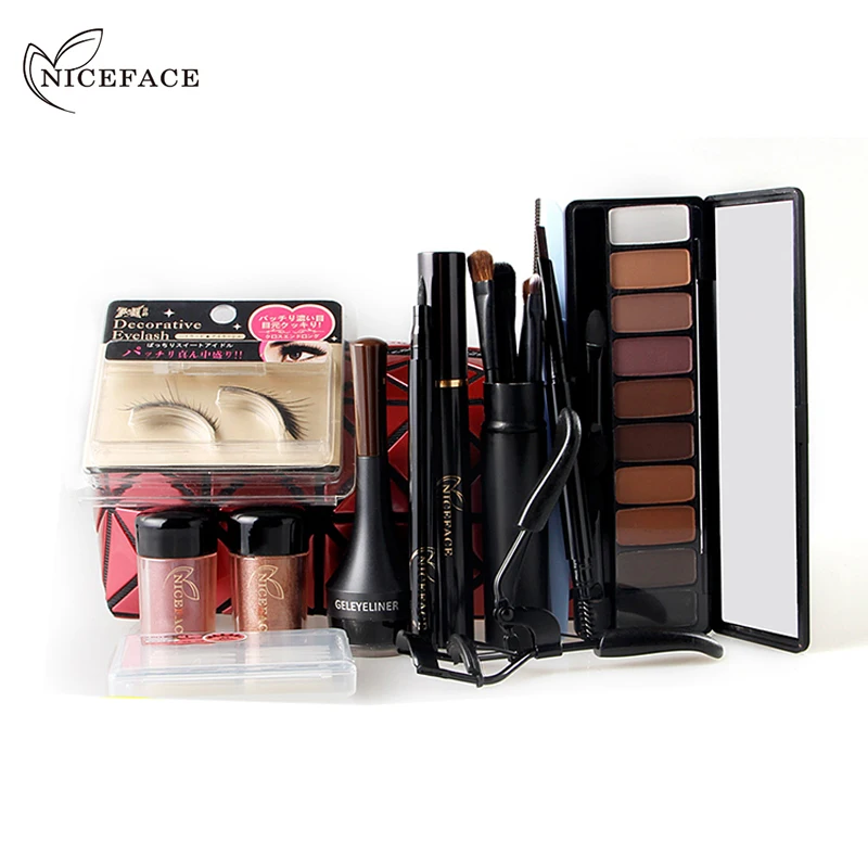 Pаспродажа NICEFACE 13 шт. набор для макияжа 10 цветов Теплые телесные Цвета Тени для век Черная тушь для ресниц подводка для глаз с тени для век набор кистей