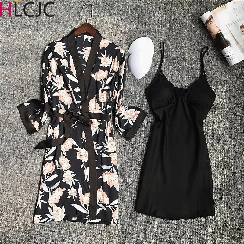 

Women's Silk Pyjamas summer silk-like sexy lace suspenders long sleeved night skirt nightgown two-piece set silk robe sleepwear