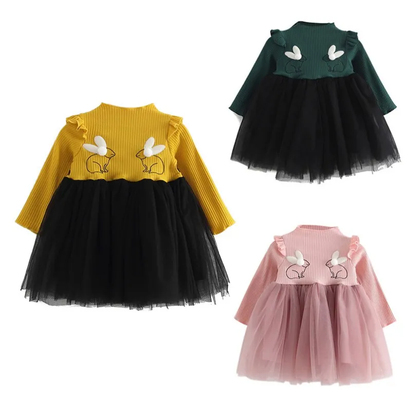 

Newborn Kids Girls Cute Cartoon Cotton Dress Baby Warm Princess Yarn Long Sleeve Tutu Dresses Children Wedding Party