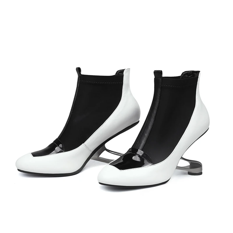 Женские ботильоны на высоком металлическом каблуке 9 см; натуральная кожа+ эластичная ткань; цвет черный, белый; Botte Femme Botas Mujer; HL133 muyisxi