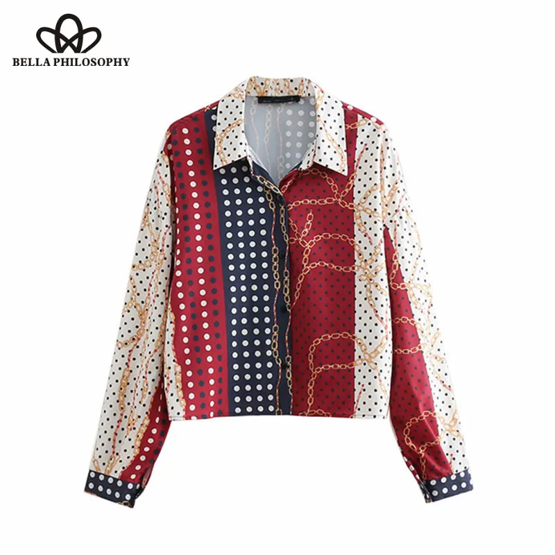 Wonder 2018 new autumn Vintage Chain Print Loose Short Tops Blouses Lapel Collar Long Sleeve Ladies Shirts Casual Blusas Mujer