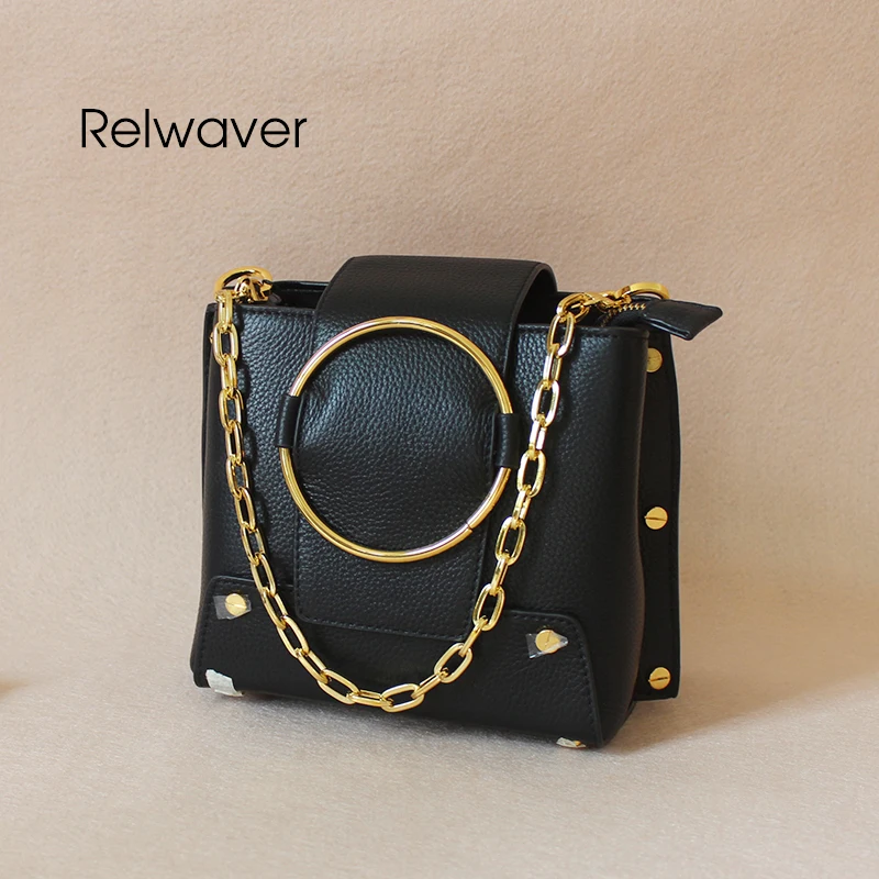 

Relwaver genuine leather shoulder bag fashion stylish women bag black small ring chain crossbody bags for women fat rivet flap