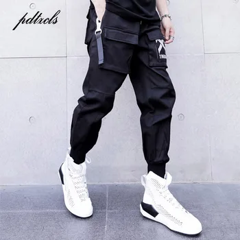 

New Side Ribbon Pockets Pencil Pants Mens Hip Hop Patchwork Cargo Ripped Sweatpants Joggers Trousers Male Fashion Full Length