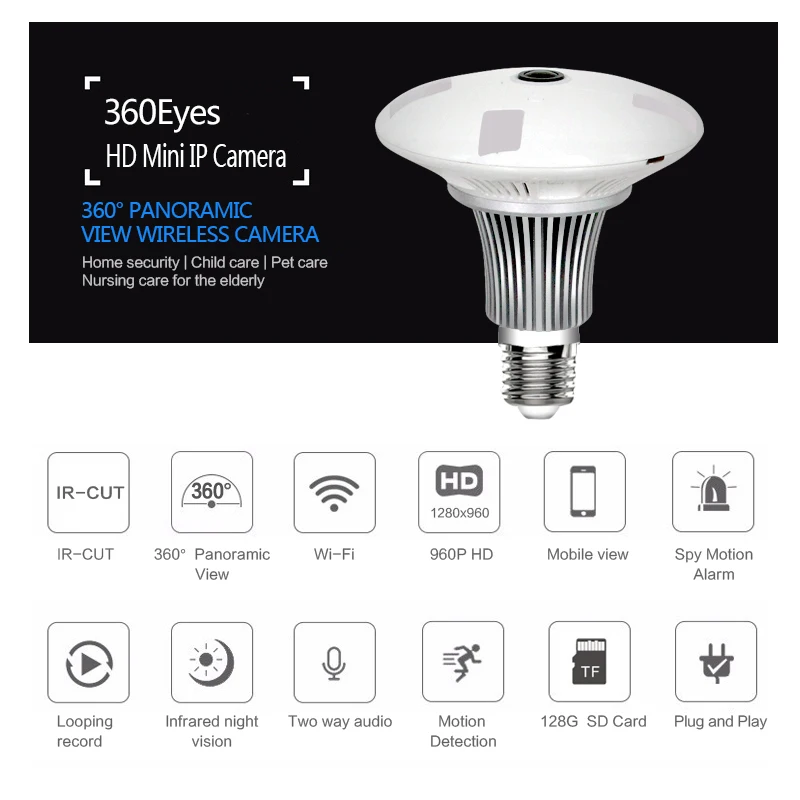 

New 960P 360 Degrees FishEyes Panoramic Lens Light Wireless security IP Camera 1.3MP Mini Lamp WIFI Camera Support 128GB TF Card