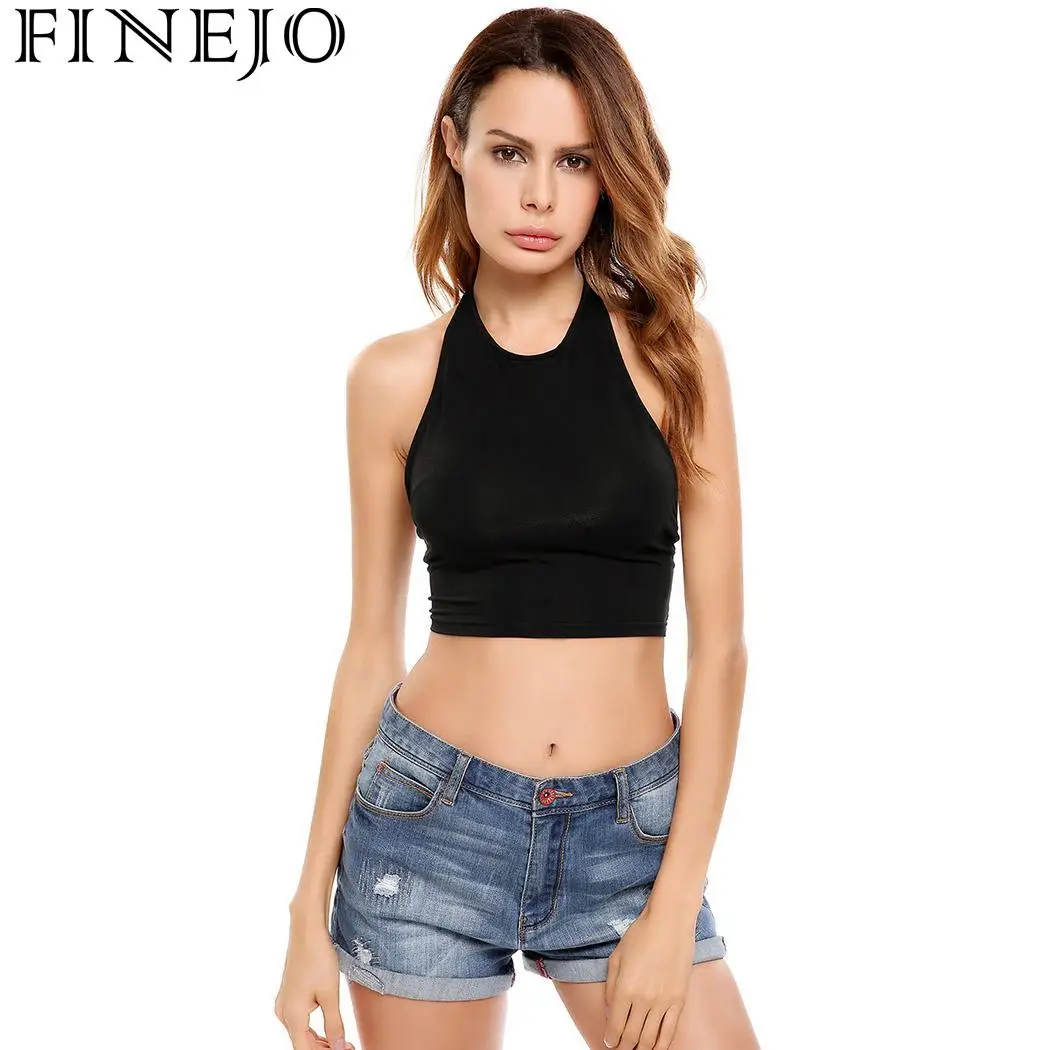 

FINEJO Womens Sexy Casual Slim Sleeveless Tank Solid Color Crop Top For Ladies Fitness Vest Women Backless Tops Vest Hot Sale