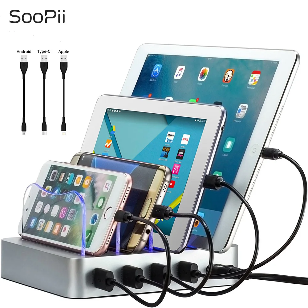 SooPii 4 port usb charger 22W charging station with 3 short cables
