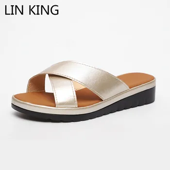 

LIN KING Plus Size Solid Women Pu Leather Slippers Thick Sole Summer Platform Shoes Ladies Wedges Shoes Comfortable Girls Slides