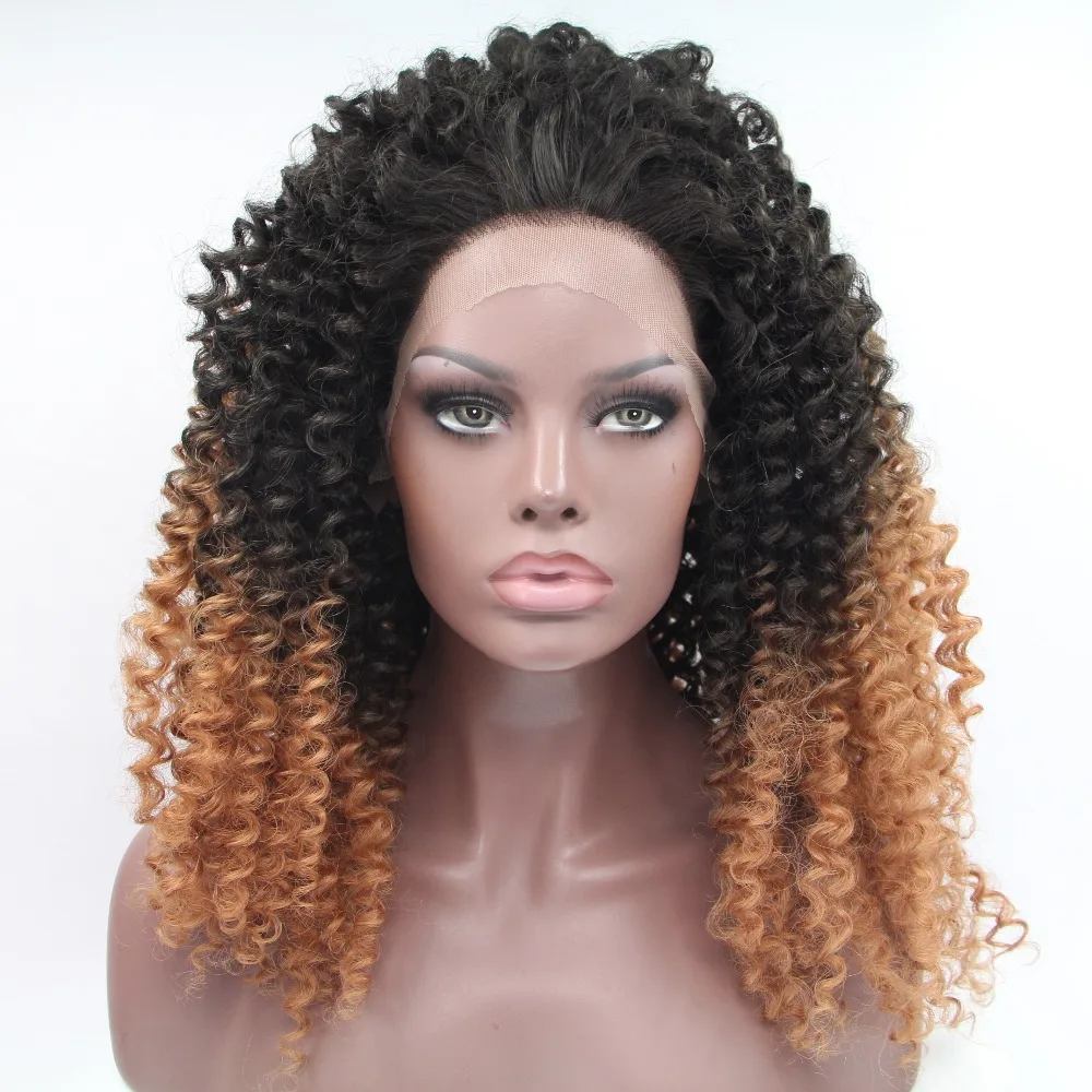 Top Quality Black To Brown Ombre Afro Wigs Synthetic Lace Front Wig