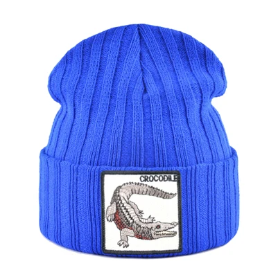 Fashion Skullies Beanies Men Women Knitted Wool Hats With Crocodile Patch Double Layer Knitting Bonnet Cap Unisxe Streetwear Hat - Цвет: Blue2