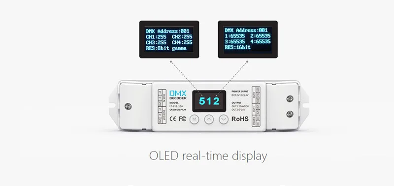 

New LT-874S-5A 4 CH DMX Decoder LED RGBW Strip Decoder OLED Display 5A*4CH Max 20A output 2.4G Wireless DMX decoder