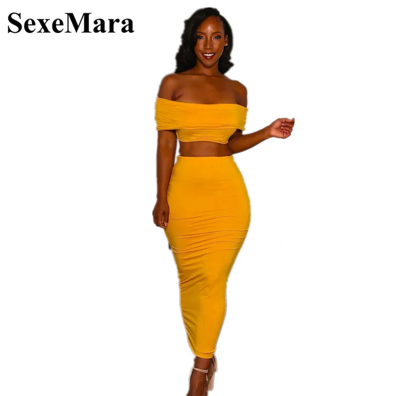

ANJAMANOR Yellow Maxi Bodycon Dress Sexy 2 Piece Set Women Off Shoulder Crop Top and Skirt Club Outfits Matching Sets D34-AZ50