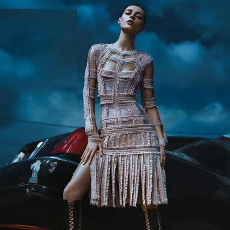 2017 autumn brand new long sleeve nude beige tassel long sleebe bandage dress vestido cocktail party dresses celebrity club