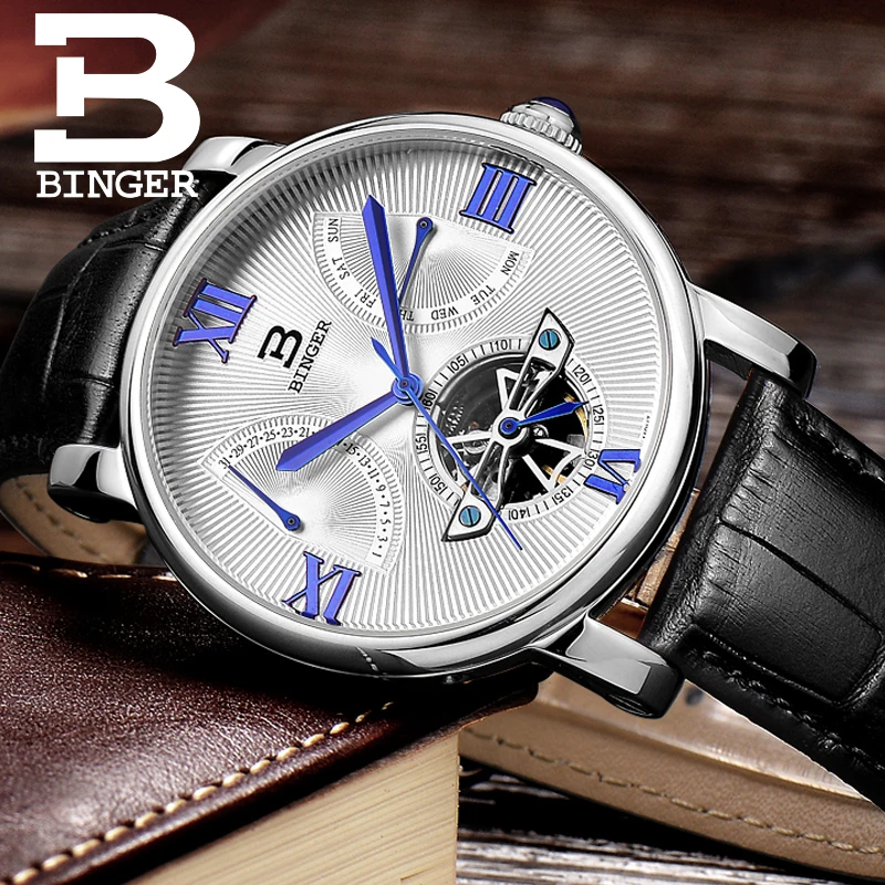 Genuine Luxury BINGER Brand men automatic mechanical self-wind sapphire watches calendar leather strap Tourbillon free shipping