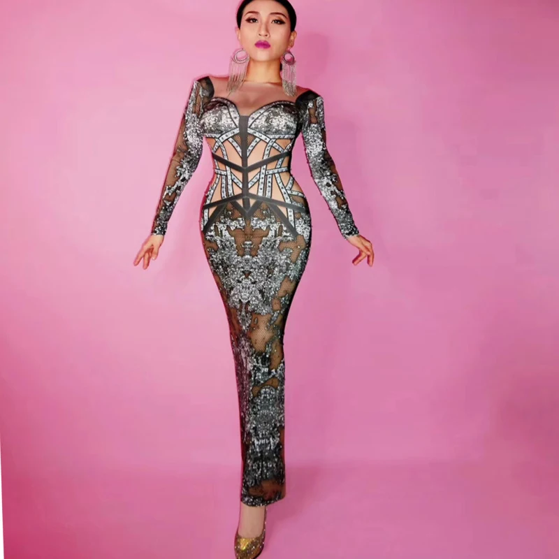

Women's New Printing Black Rhinestones Sexy Long Dress Skinny Evening Wear Dress Prom Birthday Celebrate Long Sleeve Dresses