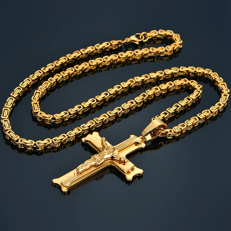 Большое ожерелье из нержавеющей стали с крестом Христовым Иисусом золотого цвета мужские ожерелья с распятием Подвески мужские христианские ювелирные изделия для мужчин