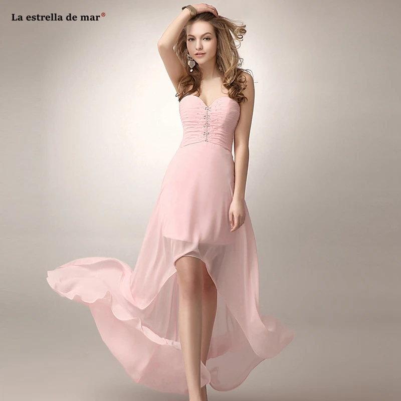 

Vestido invitada boda mujer2021 new chiffon sexy sweetheart crystal backless pink high low bridesmaid dress trailing