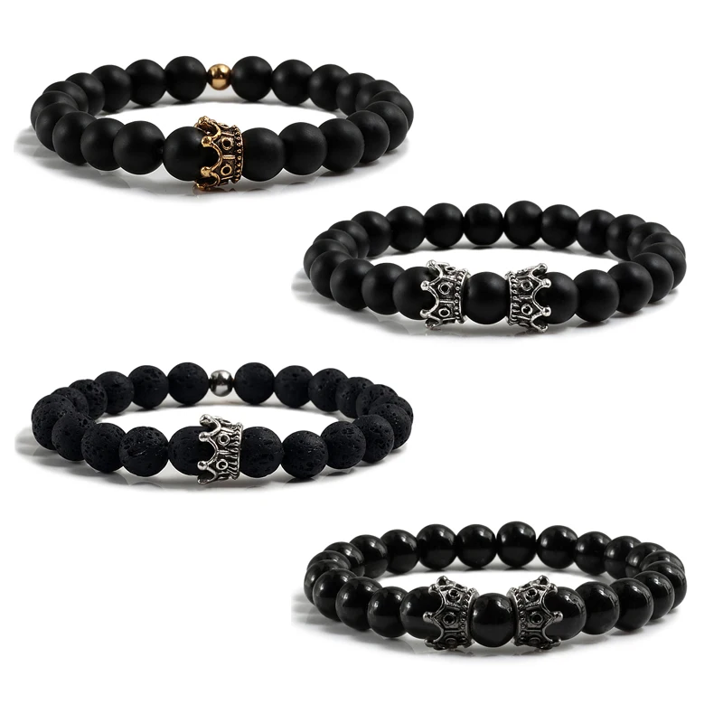 8mm Men Charm Bracelet Black Lava Onyx Matte Alloy Crown Beads Couple Bracelets Volcanic Stone Beaded Buddha Bangles Ms Jewelry