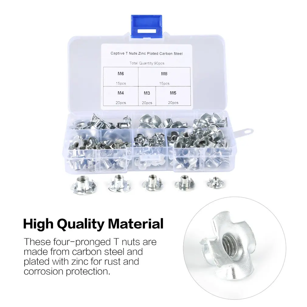 

90PCS M3 M4 M5 M6 M8 Four Pronged T Nut Thread For Wood Insert Four Pronged Furniture Nuts Assortment Bolt Fastener Hardware