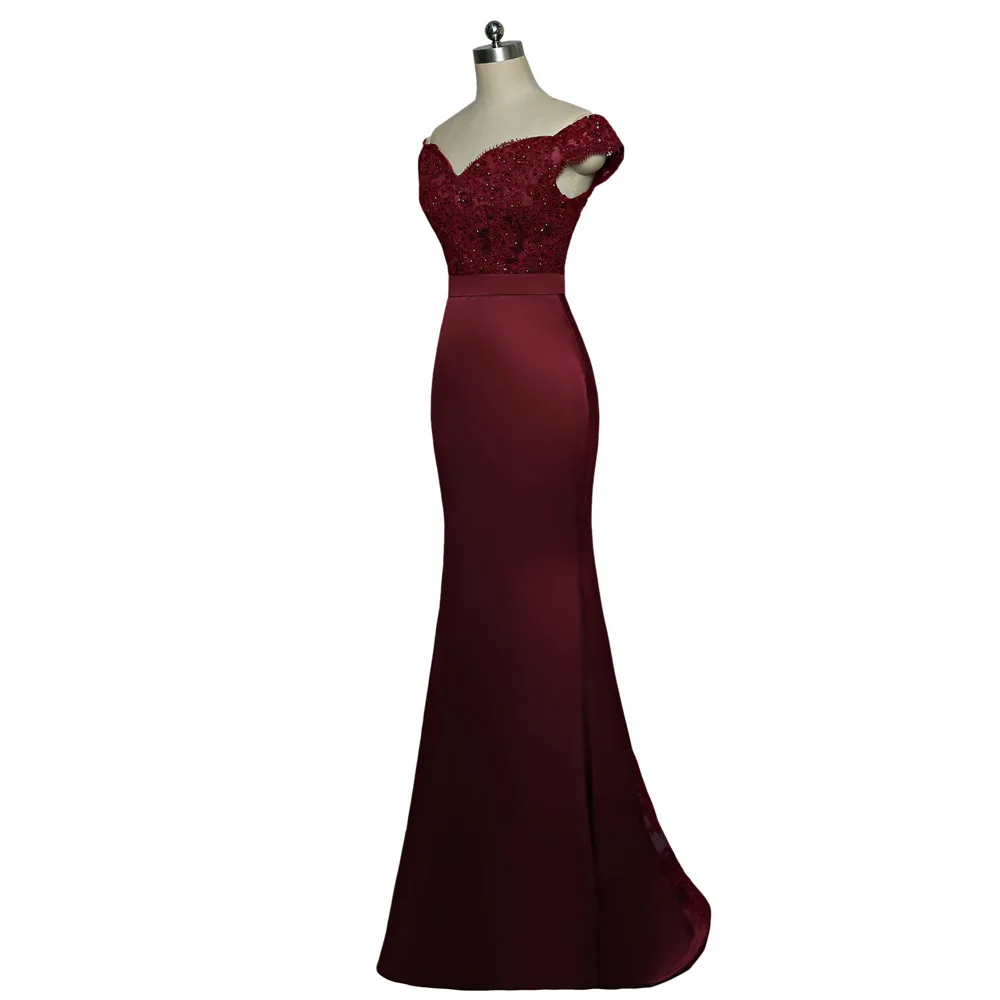 Burgundy Mermaid Sweetheart Cap Sleeves Beaded Long Bridesmaid Dress