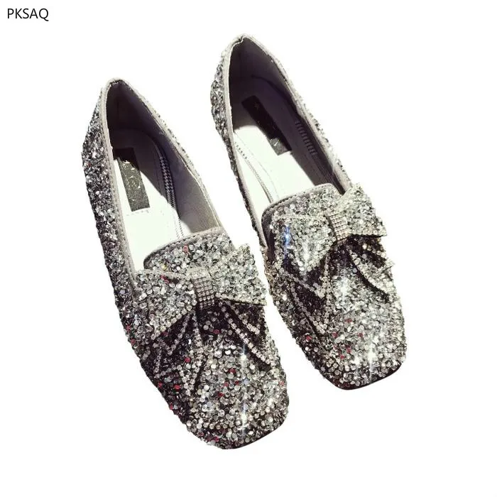 

Spring Fashion New Sequined Crystal Flat Shoes Bow Bowknot Casual Square Toe Boat Shoes Bling Girls Loafers B
