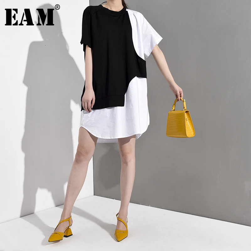 

[EAM] 2019 New Spring Summer Round Neck Short Sleeve Hit Color Split Joint Loose Big Size T-Shirt Women Fashion Tide JR5900