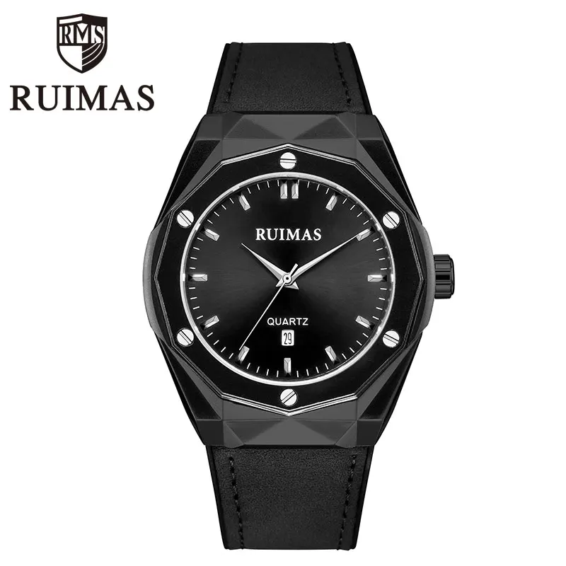 RL535G-Black Ruimas мужские модные спортивные Нержавеющая сталь Чехол кожаный ремешок Кварцевые аналоговые наручные часы от топ бренда класса люкс Наручные часы - Цвет: RL535G-Black