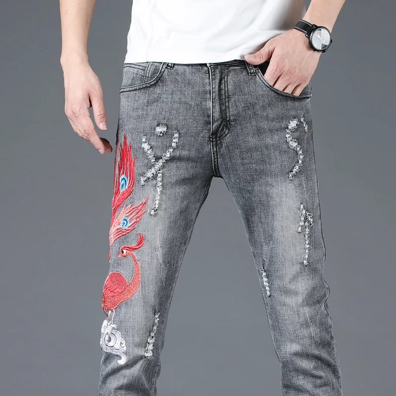 Для мужчин женские Стрейчевые джинсы-скини Красный Феникс Вышивка проблемных карандаш брюки Тонкий деним мужской ковбой мыть длинные джинсы
