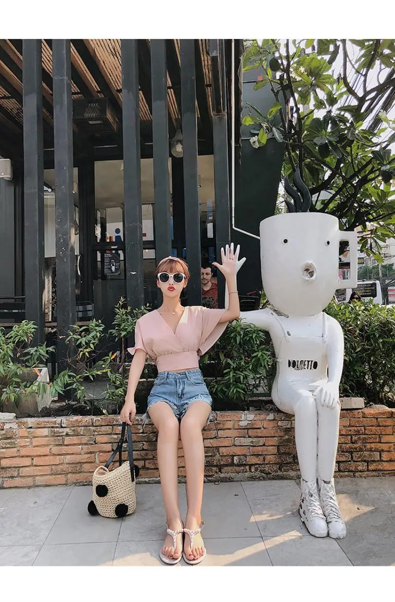 2018 summer women short flare sleeve short top sexy wrap v neck blouse female vacation lace up bow tie crop shirt top