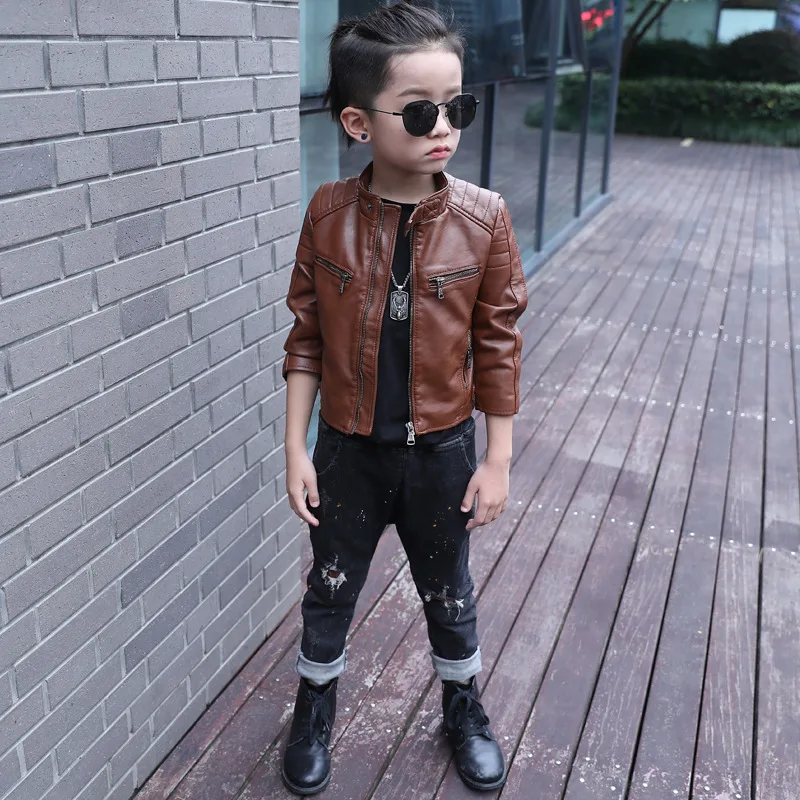 Cool Boys Coats Faux Leather Jackets Childrens Outerwear Jacket Brown Black Top