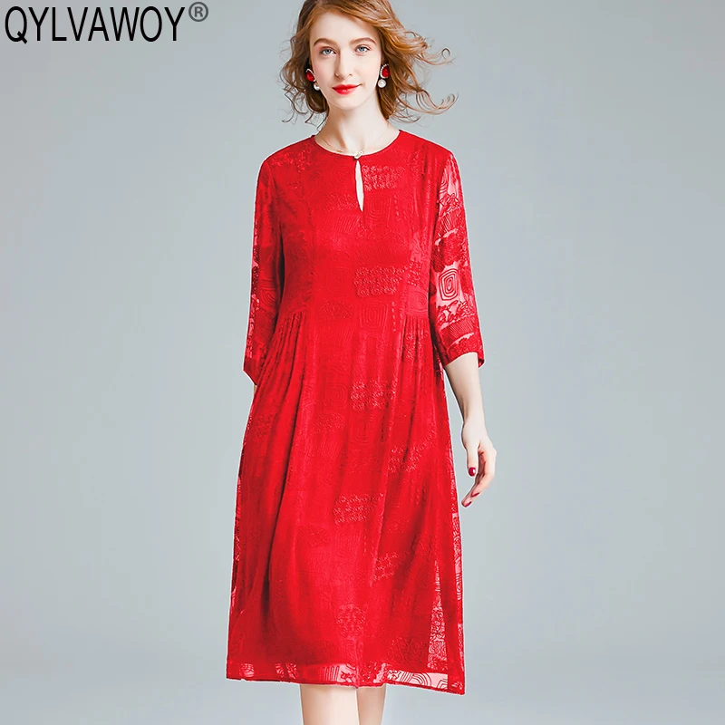 

Summer 100% Silk Dress for Women Clothes 2019 Vintage Korean Office Red Dress Women Dresses Elegant Midi Dress Vestidos 6Q97028