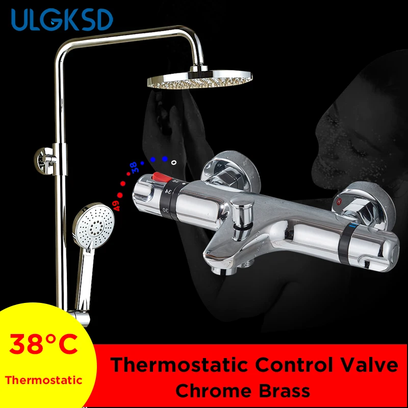 

ULGKSD Chrome Thermostatic Shower Faucet Dual Handles Bathroom Bathtub Thermostatic Shower Hot Cold Water Tap Tub Spout Shower