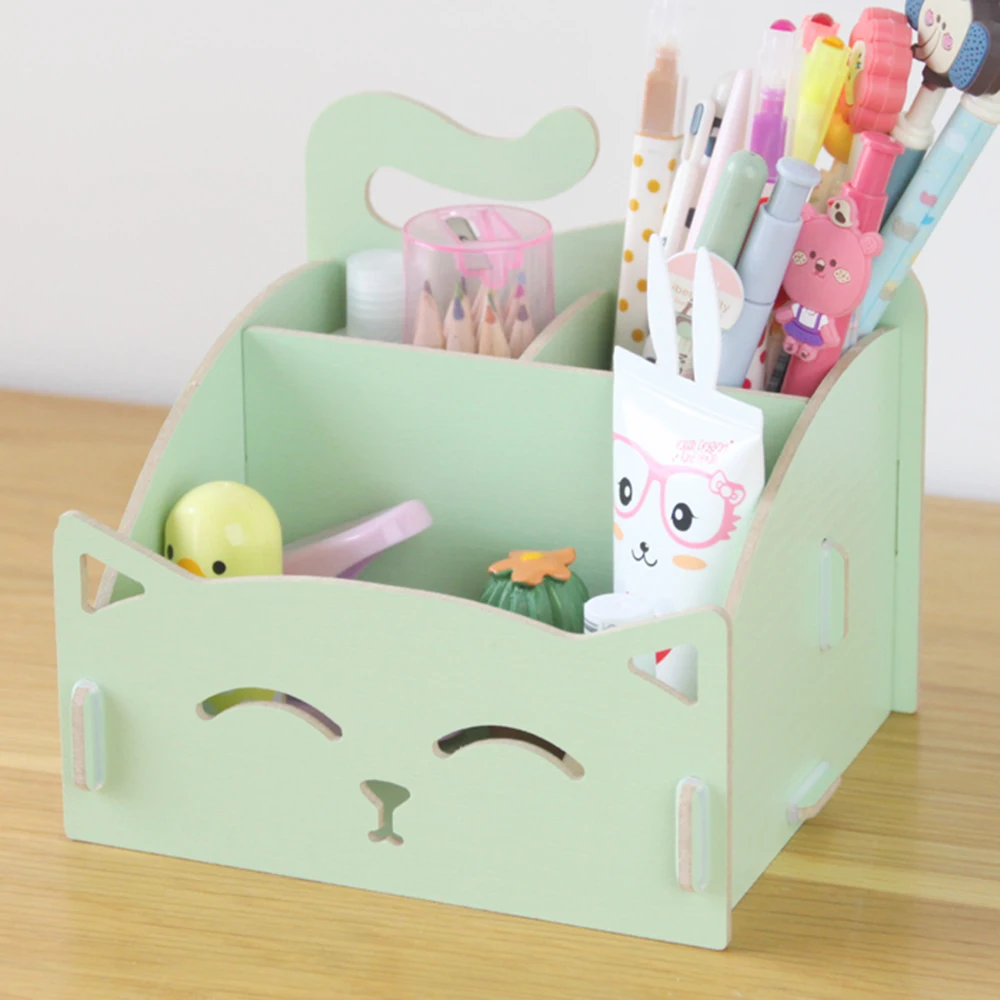 

Cute cat pen holders Multifunctional storage Wooden cosmetic storage box/Memo box/Penholder gift office organizer School supplie