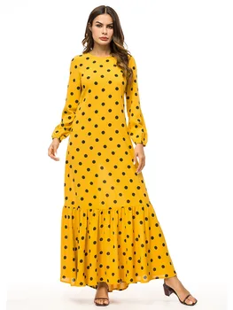 

Casual Polka Dot Print Maxi Dress Muslim Abaya Belt Kimono Long Robe Gowns Jubah Ramadan Middle East Islamic Prayer Clothing