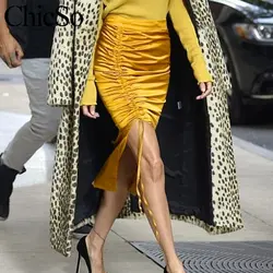 MissyChilli Shirred разделение Длинная атласная юбка для женщин элегантный карандаш с высокой талией Женский сезон: весна-лето Желтый Вечерние