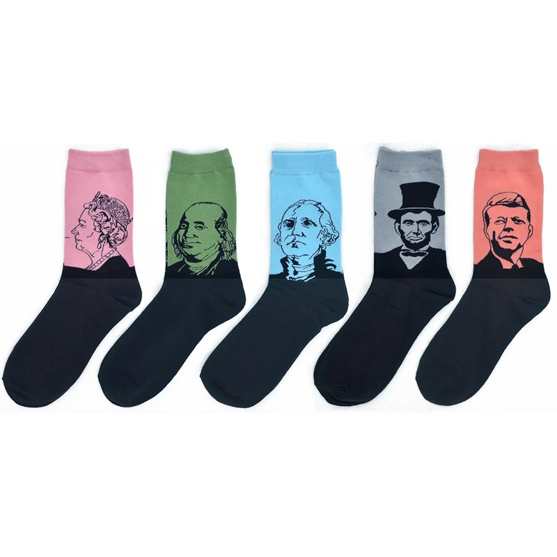 

1 Pair Famous Celebrity Painting Kenya/Lincoln/Elizabeth/Washington/Wales Art Harajuku Skateboard Hip Hop Funny Men Long Socks