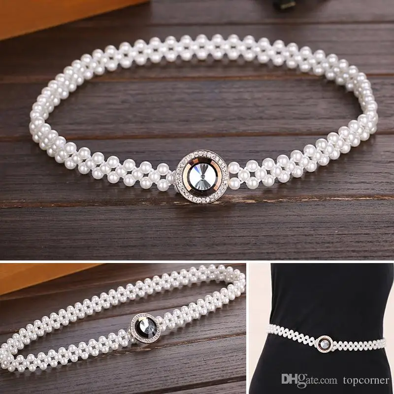  20pcs/lot Noble Crystal Buckles Pearls Waist Belts Three Lines Beading Slender Waistbands Girls Dress Decoration os869