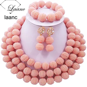 

Laanc Simulated Pearl Peach African Jewelry Set Nigerian Beaded Necklace for Weddings SP3R008