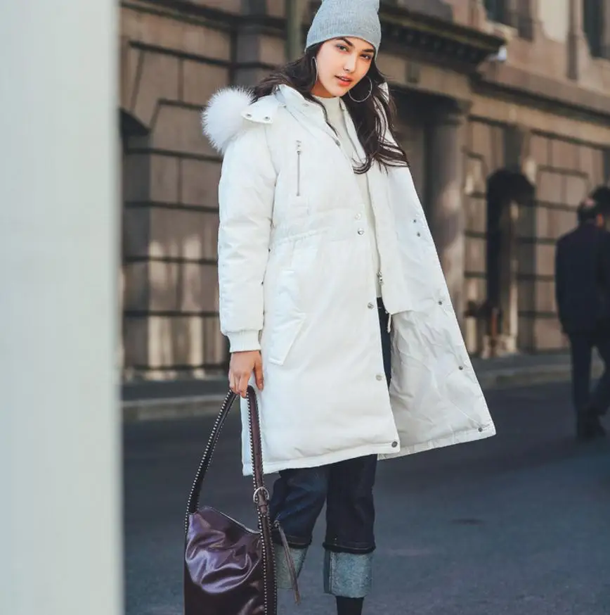 2018 المرأة جديد فاهيون العلامة التجارية الشتاء نوعية جيدة الفاخرة الراكون طوق معطف مقنع الإناث أطول سمكا الدافئة أسفل ستر wq96