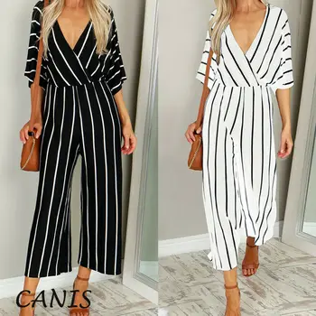 

New Women Ladies Fashion Casual Summer Jumpsuit Striped Wide Leg Short Sleeve V Neck Jumpsuit Party Wear