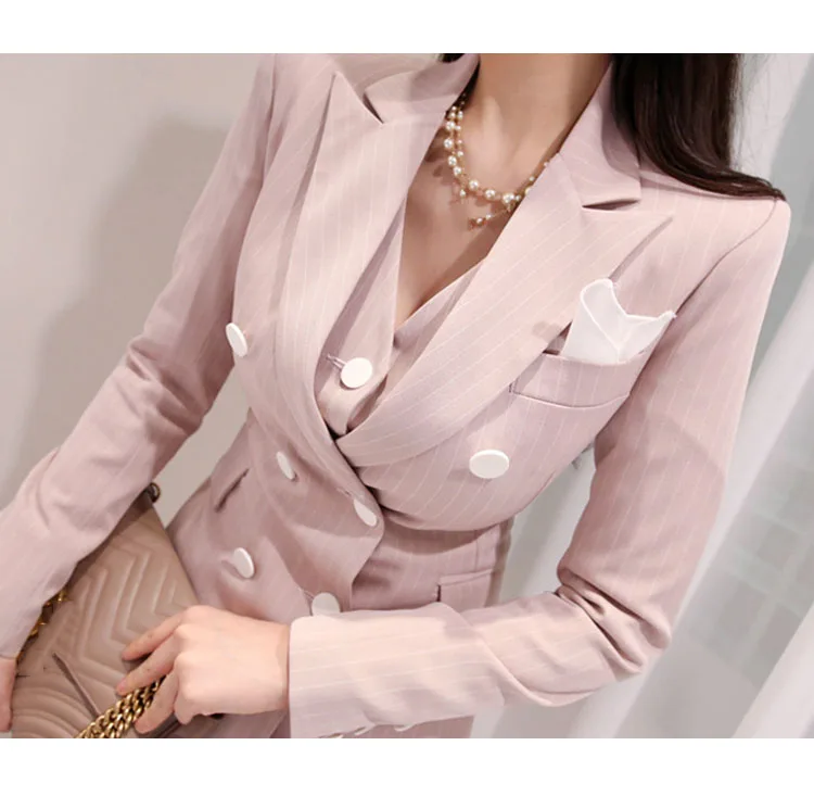 2019 Office Ladies Suits Striped 3 Pieces Women Suits Double Breasted Slim Blazer Patchwork Tops High Waist Pant Suits For Women