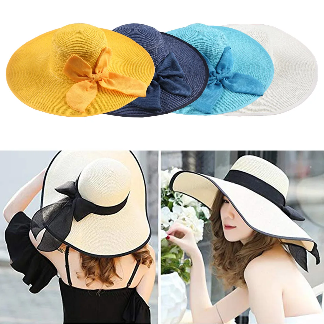 

1PCS ummer Large Brim Straw Hat Floppy Wide Brim Sun Cap Bowknot Beach Foldable Hats New 2019 sombrero mujer