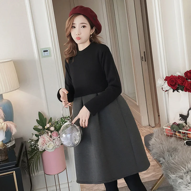 Autumn Winter Maternity Dresses Korean Patchwork Zip Thick Pregnancy Dress Pregnant Women Plus Size Vestidos De Maternidad
