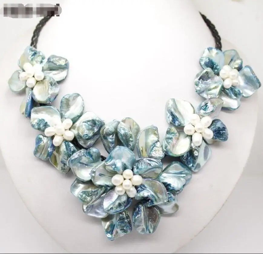 

Free shipping hot sale Women Bridal Wedding Jewelry >>Natural Blue pearl &shell mother of pearl 5 flowers pendant necklace 18