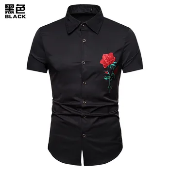

FFXZSJ Brand high quality 2019 summer rose embroidered short sleeve shirt turndown collar shirt European plus-size