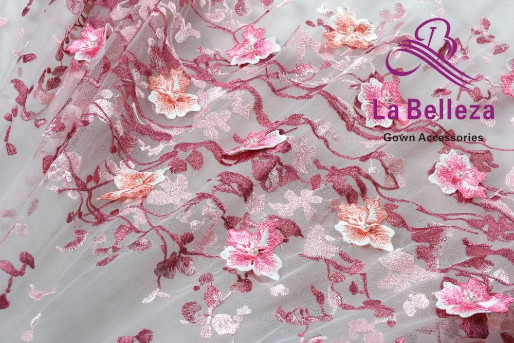 La Belleza Новая розовая/синяя смешанные цвета с 3D цветами жемчуг на сетчатая Кружевная аппликация Ткань 1 ярд