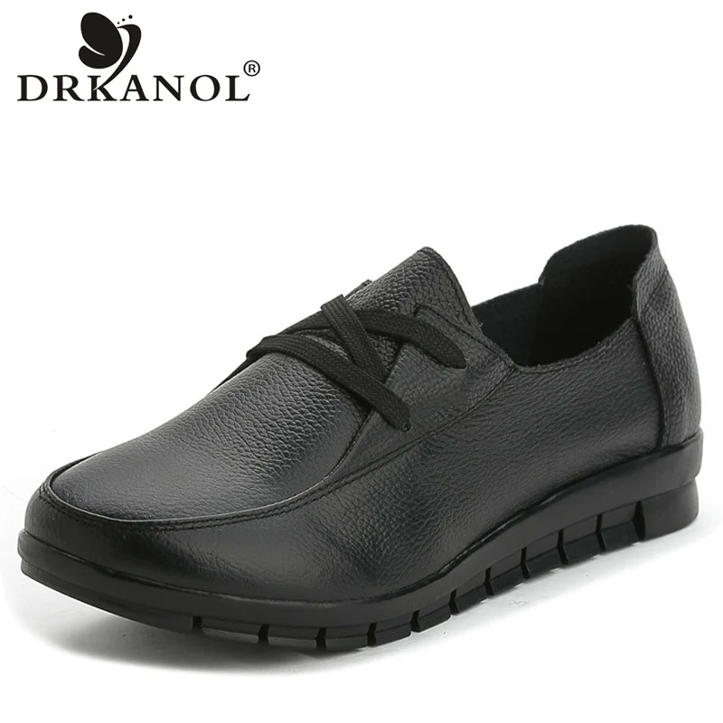 

DRKANOL 2019 Fashion Round Toe Genuine Leather Women Flat Shoes Classic Vintage Black Warm Flats Ladies Casual Shoes