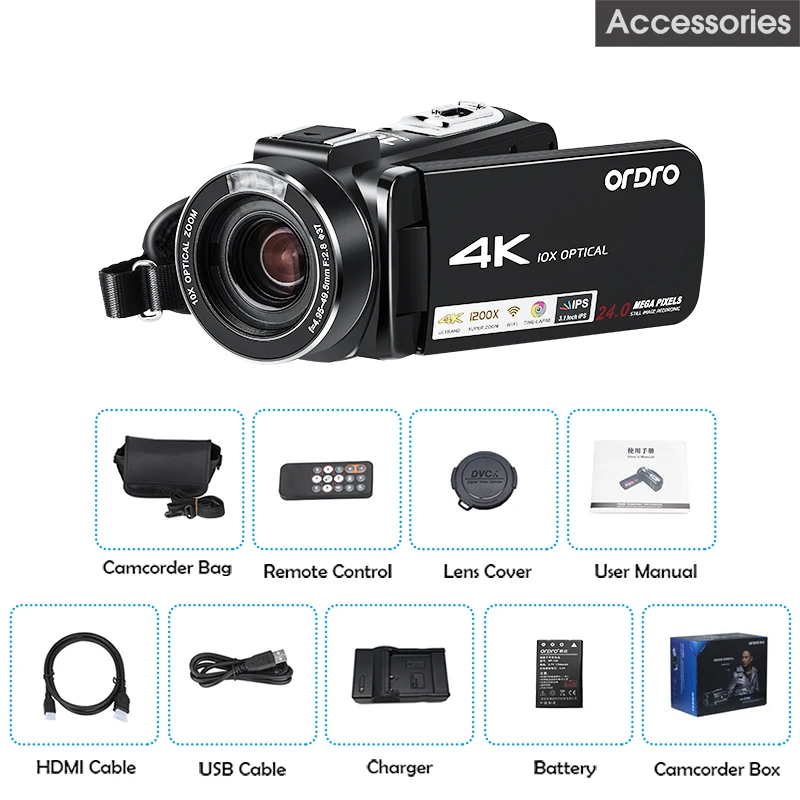 

ORDRO 4K UHD Camcorder 10X Optical Zoom Video Camera 3.1'' IPS Screen Support Microphone and Wide Angle Lens AC7 Video Recorder