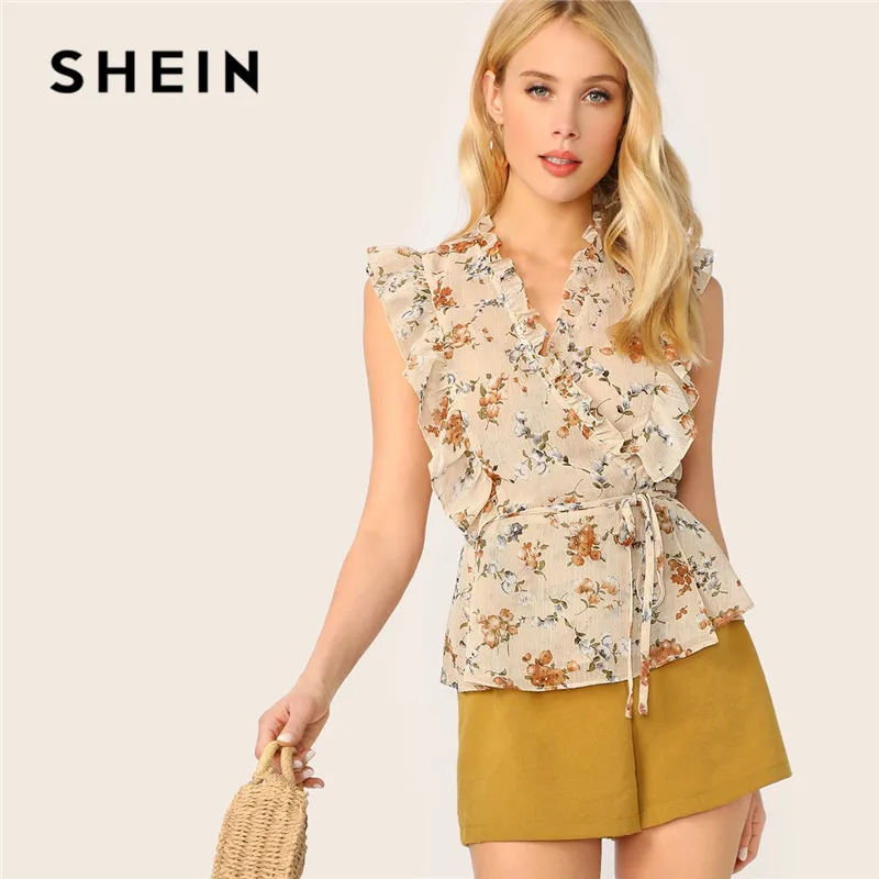 SHEIN Топ С Поясом И Оборкой Женские Летние Богемные Блузки V-Образным Вырезом Без Рукавов