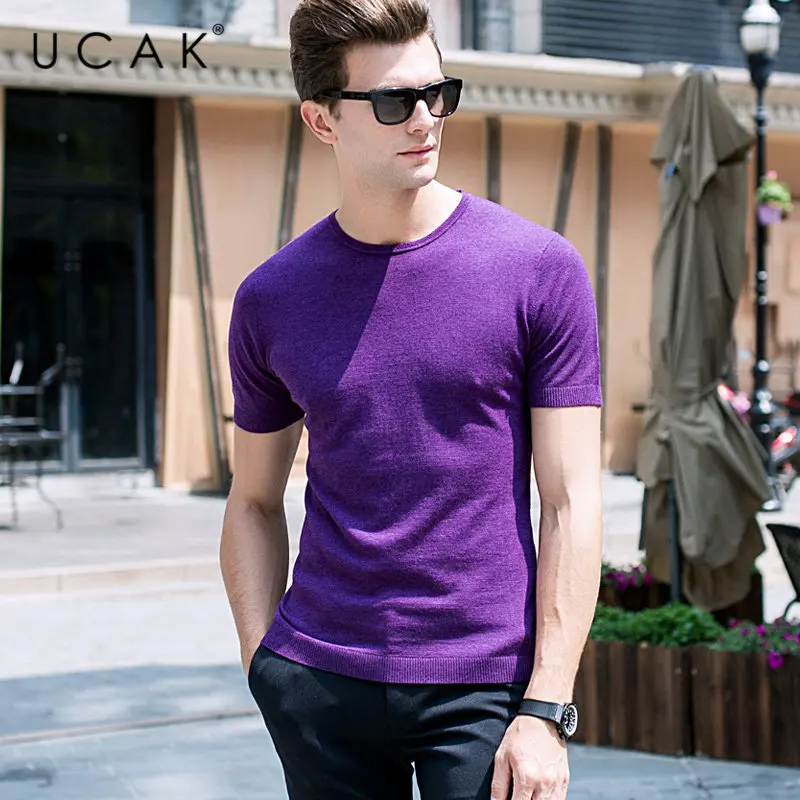 UCAK Brand Sweater Men Casual Short Sleeve O-Neck Pull Homme Pure Merino Wool Pullover Men Autumn Winter Cashmere Sweaters U3003