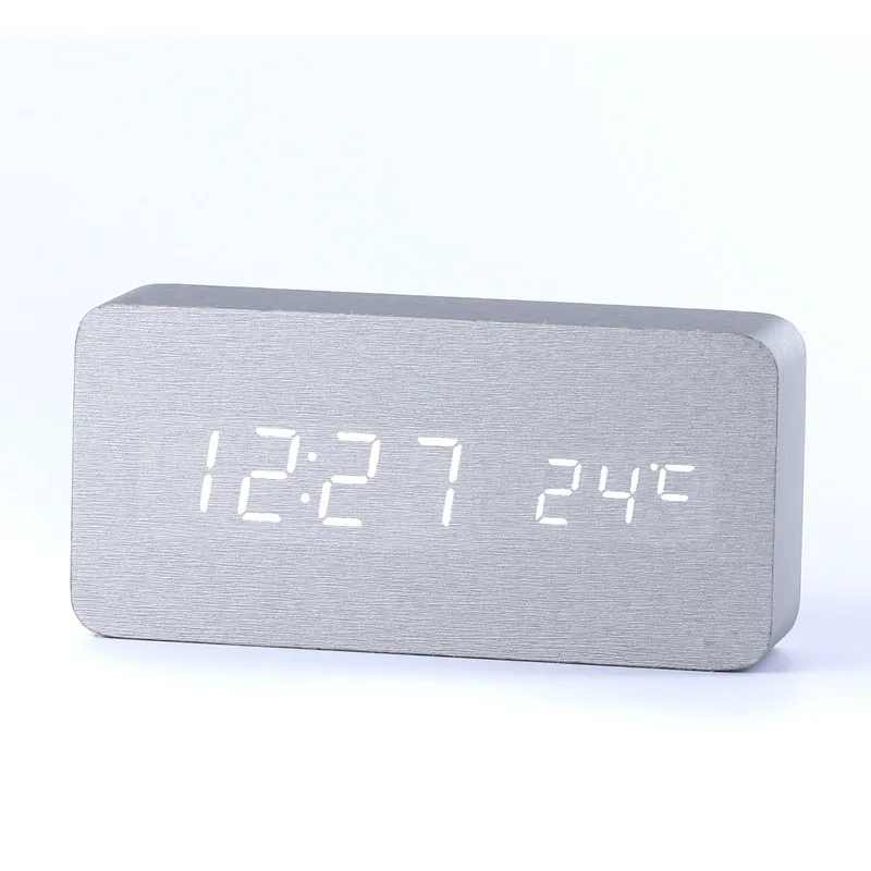 New Digital Alarm Clock wooden Silver Skin clock Sound Control Led Desktop Table Bedside reloj despertador electronic watch